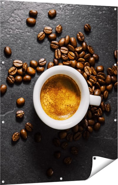 Gards Tuinposter Kopje Koffie met Koffiebonen - 90x120 cm - Tuindoek - Tuindecoratie - Wanddecoratie buiten - Tuinschilderij
