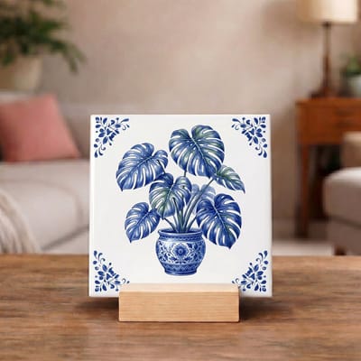 Delftsblauw Tegeltje 11x11 Monstera Plant in Pot – Botanische Wanddecoratie Cadeau