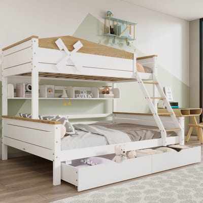 Wishdor Stapelbed 90x200/140x200 cm - Windmolen Decoratie - Schuine Ladder - Opbergplanken en Twee Lades - Stevige Houten Lattenbodems - FSC-gecertificeerd - Geschikt voor Hollandse Themakinderkamer - Grenen en MDF - Wit en Naturel