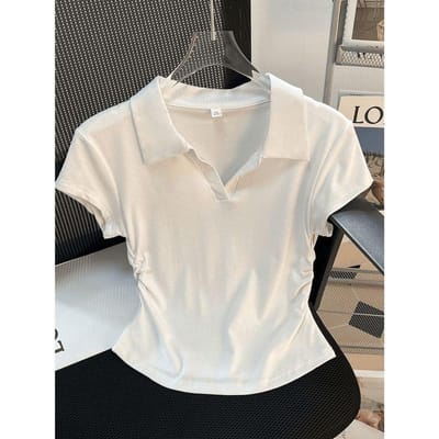 Zomer Pure Stijl Slank en Slank Schouder Revers Korte Mouw T-shirt voor Dames Design Kleine Top XL gray