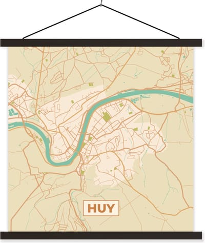 Posterhanger incl. Poster 60x60 cm - Schoolplaat - Plattegrond - Kaart - België - Huy - Stadskaart - Textielposter - Zwarte latten - Stadskaart