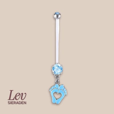 Lev Sieraden - 1.6x38mm zwangerschaps piercing - Blauwe double jewelled enamel baby voetjes - UV acryl piercing - PTFE/Bioplast/Bioflex