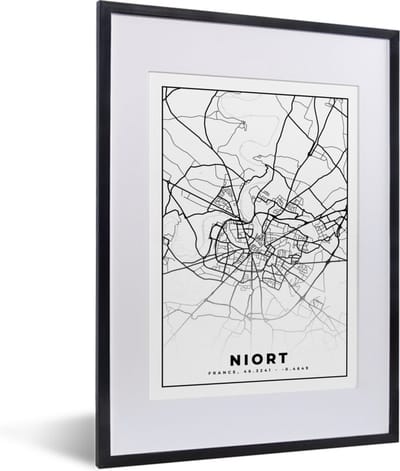 Fotolijst incl. Poster Zwart Wit- Niort - Stadskaart - Plattegrond - Kaart - Frankrijk - Zwart wit - 30x40 cm - Posterlijst