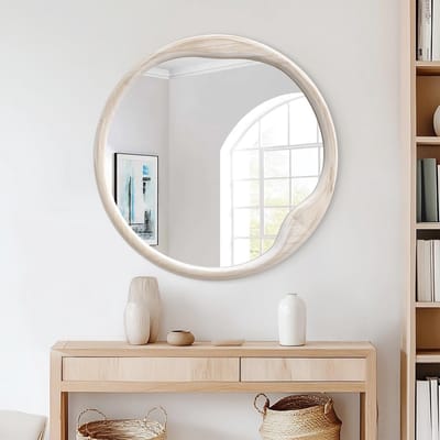 Witte Cirkel Spiegel voor Wanddecoratie 50.8 cm - Ronde Drum Spiegel voor Badkamer, Hal en Slaapkamer met Houten Frame