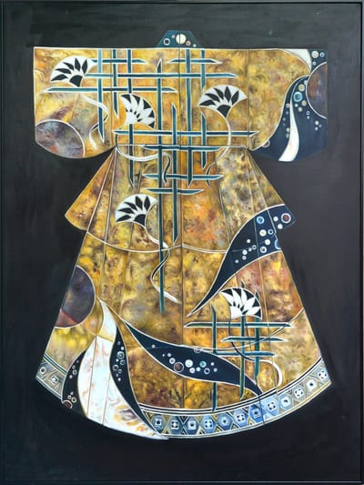 Fine Asianliving Olieverf Schilderij 100% Handgeschilderd Zwarte Omlijsting 90x120cm Chinese Kimono Geel