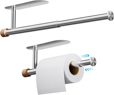 Famanu - Keukenrolhouder zonder boren, [Esthetische Houtaccenten] Zelfklevend of Boren Wandgemonteerd Papieren Handdoekrek voor Voorraadkast, Keuken, Badkamer(zilver)