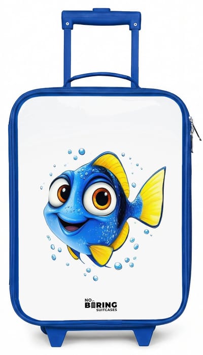 NoBoringSuitcases.com® - Kinderkoffer blauw - Kindertrolley jongen - Blauwe vis met gele vinnen en vrolijke blik - Koffer kind lichtgewicht - Reiskoffer trolley voor kinderen - Koffertje met lichtgevende wieltjes - Rolkoffer