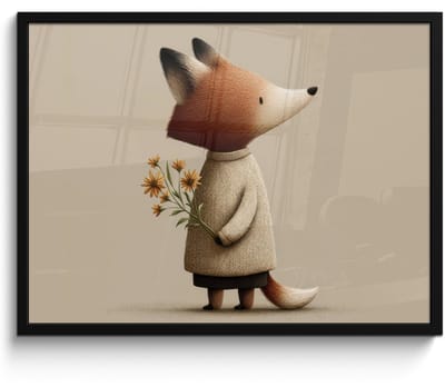 Poster in lijst - Fotolijst 70x50 cm - Posters - Vos - Gele bloemen - Minimalistisch - Posterlijst zwart - Decoratie - Wanddecoratie woonkamer - Muurdecoratie slaapkamer