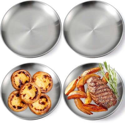 Set van 4 ronde tafelgerei van roestvrij staal, 23 cm roestvrijstalen plaat, matte ronde serveerschaal, zilveren schotel, pizzabakplaat, camping, metalen plaat voor camping, picknick, wandelen