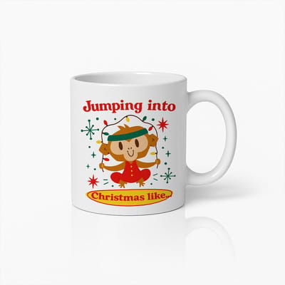 Jumping Into Christmas Mok 330ml – Schattige Feestelijke Koffiebeker met Kerst Aap Ontwerp – Perfect Kerstcadeau voor Kinderen & Familie