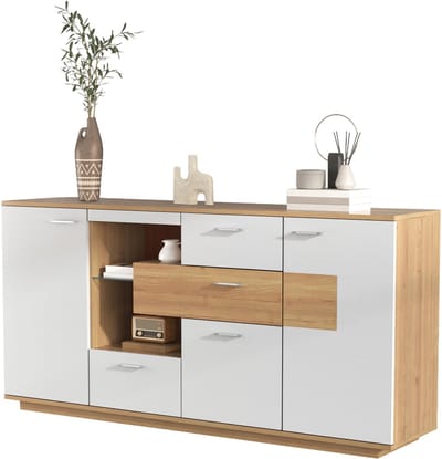 Sideboard - Modern - LED Verlichting - 160 x 40 x 77 cm - 2 Deuren, 4 Lades, Glasplank - Houtoptiek - Wit - Organizer voor Woonkamer