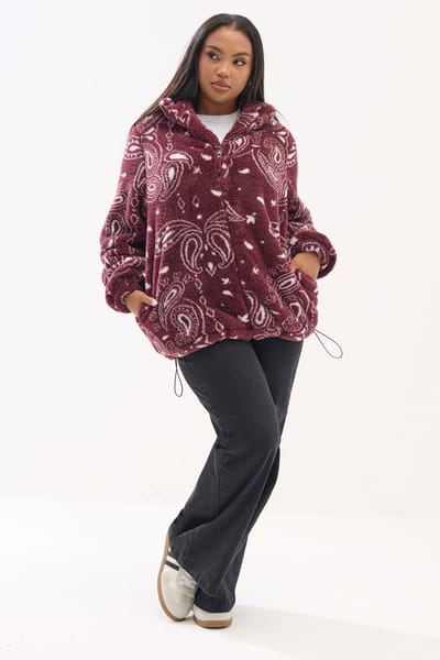 Yours Bordeauxrode Fleecejas Met Paisleyprint Size 42