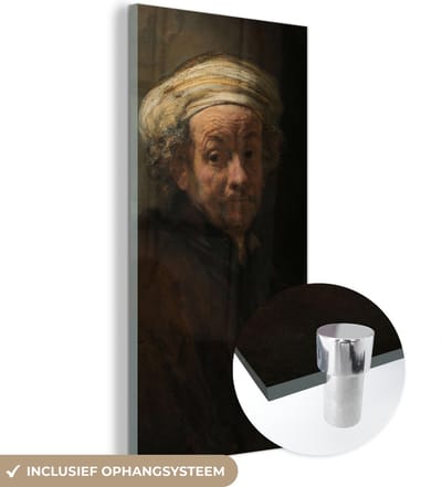 MuchoWow® Glasschilderij 20x40 cm - Schilderij acrylglas - Zelfportret als de apostel Paulus - Schilderij van Rembrandt van Rijn - Foto op glas - Schilderijen