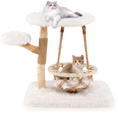 COSTWAY Krabpaal van hout, kattenboom met hangmand, touw, echte houten takken, krabpalen van jute, 2 zitstokken en platform, kattenmeubel, klimtoren, kattenkrabpaal katten, naturel + wit (66 cm)