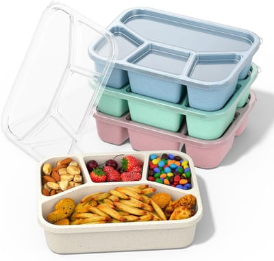 4-vaks rieten bentobox met deksel - 21×16×5cm - Lunchbox met vier compartimenten - Herbruikbaar - BPA-vrij - Magnetronbestendig - Verkrijgbaar in groen, blauw, roze en beige