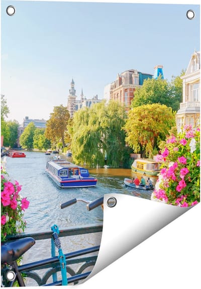 Gards Tuinposter Amsterdamse Kanaal met Bloemen - 40x50 cm - Tuindoek - Tuindecoratie - Wanddecoratie buiten - Tuinschilderij