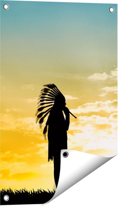 Gards Tuinposter Twee Silhouetten van Indianen bij Zonsondergang - 40x60 cm - Tuindoek - Tuindecoratie - Wanddecoratie buiten - Tuinschilderij