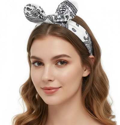 Wit zwart haarband dames – elastische haar bandana met strik detail – comfortabele textiel hoofdband met paisley print