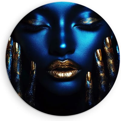 Saammp - Muurcirkel Hout - Vrouw met goude lippen - Abstract - Ø 90 - Wandcirkel - Wanddecoratie Cirkel - Muurdecoratie Woonkamer - Slaapkamer decoratie - Rond Schilderij