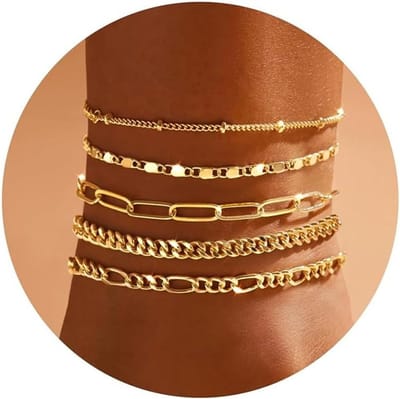 5-delige set gouden enkelbandjes voor dames, 14K verguld, waterdicht, verstelbare maat, perfect als cadeau voor elke gelegenheid