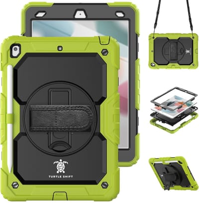 Geschikt voor iPad 9/8/7 Hoes - 9e/8e/7e Generatie - 10.2 Inch - 2021/2020/2019 - Turtle Shift Cover Hoesje - Schouderriem - Handriem - Shockproof - Met Standaard - Apple Pencil Houder - Groen