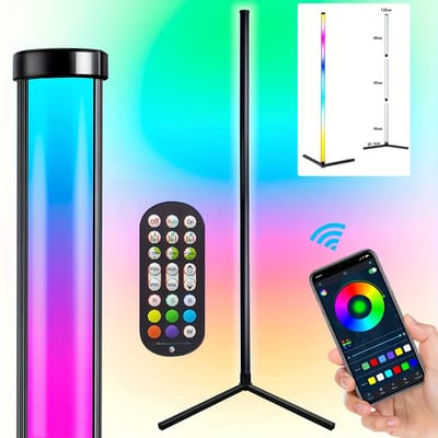 Rosnek Smart RGB Hoeklamp - LED Vloerlamp met App & Afstandsbediening - 16 Miljoen Kleuren - Muziek Sync & Timer - 125cm - Gaming Sfeerlamp - Lampe d'Angle