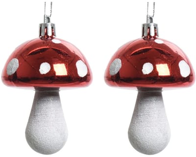 Decoris Kersthangers - 12x - rood - paddenstoelen - 7 cm - kerstversiering - Rode kerstversiering/boomversiering