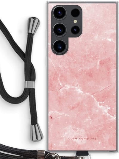 Case Company® - Hoesje met koord geschikt voor Samsung Galaxy S23 Ultra hoesje met Koord - Roze marmer - Telefoonhoesje met Zwart Koord - Bescherming aan alle Kanten en Over de Schermrand
