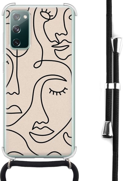 Hoesje met koord - Geschikt voor Samsung Galaxy S20 FE - Abstract faces - Verstelbaar zwart koord - Crossbody - Print / Illustratie - Transparant, Beige - Leuke Telefoonhoesjes