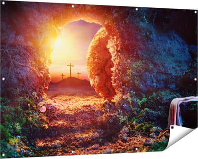 Gards Tuinposter Kruisiging bij Zonsopgang - Opstanding Jezus - 150x100 cm - Tuindoek - Tuindecoratie - Wanddecoratie buiten - Tuinschilderij