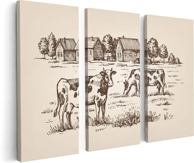 Artaza Canvas Schilderij Drieluik Getekende Koeien Op Een Boerderij - Abstract - 120x80 - Foto Op Canvas - Canvas Print