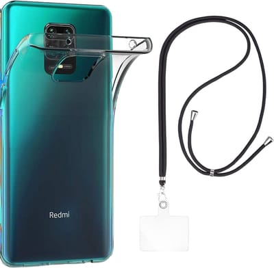 Set met hoesje en nekband voor xiaomi redmi note 9 pro / redmi note 9s - Flexibele, transparante TPU-bescherming, verstelbare universele nekband voor mobiele telefoons, zwarte nekband, transparante draagriem van Phonillico®