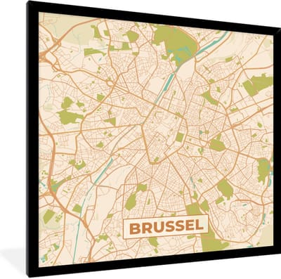 Fotolijst incl. Poster - Plattegrond - Retro - Brussel - Stadskaart - Kaart - 40x40 cm - Posterlijst