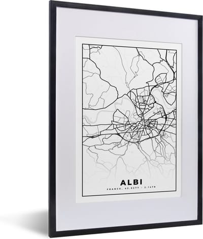 Fotolijst incl. Poster Zwart Wit- Stadskaart - Frankrijk - Kaart - Plattegrond - Albi - Zwart wit - 30x40 cm - Posterlijst