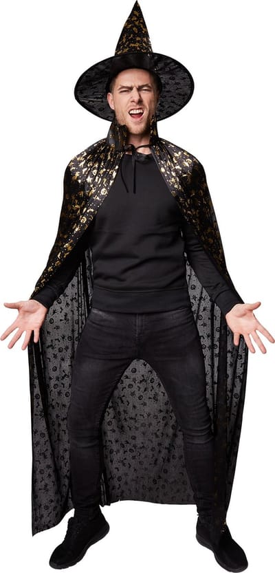 dressforfun - Unisex volwassenen set hoed en cape halloween 120 cm - verkleedkleding kostuum halloween verkleden feestkleding carnavalskleding carnaval feestkledij partykleding - 301658