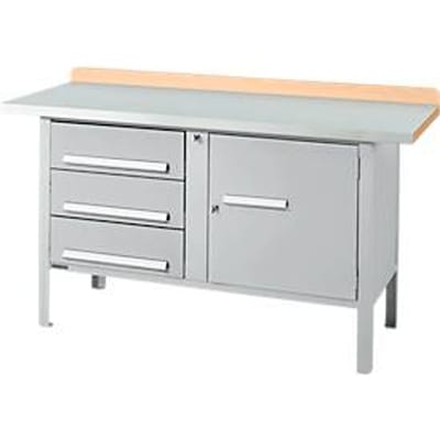 Box-type werkbank Schäfer Shop Select PWi 150-4, beuken multiplex blad, met stalen afdekking, tot 750 kg, B 1500 x D 700 x H 840 mm, blank aluminium