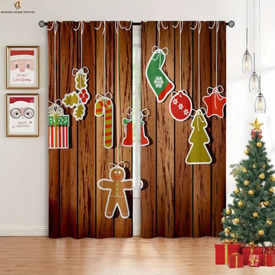 Kerstdecoratie Gordijnen Kleurrijke Ballen Kerstman Eland Patroon Vakantiefeest Raamdecoratie Gordijnen 2 Stuks W50xH130(CM)x2PCS&Rod pocket brown