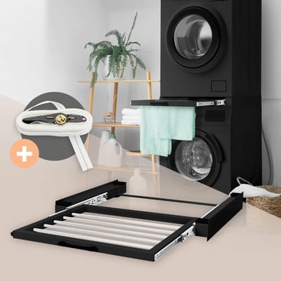 Tussenstuk voor wasmachine en droger – Universeel tussenbouwframe met verlengbare waslijn 60,5x54,5 cm in zwart ML design