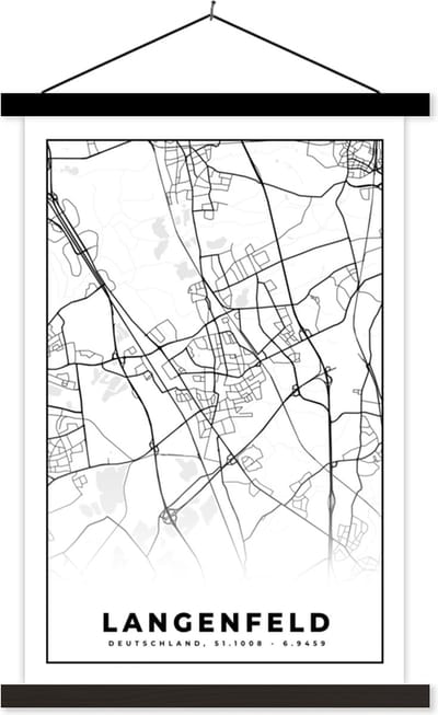Posterhanger incl. Poster 40x60 cm - Schoolplaat - Langenfeld - Plattegrond - Stadskaart - Kaart - Textielposter - Zwarte latten - Stadskaart
