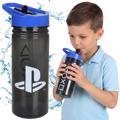 Playstation Waterfles met drinktuit en handvat voor gamers, doorschijnend, fles met slangetje 470 ml