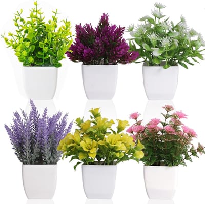 Kunstplanten Set van 6 - Kunstplantjes in Witte Pot - Mini Nepgipskruid en Kunstbloemen - Decoratieve Tafelplanten Binnen - Multicolor