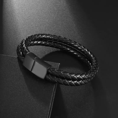 TVR-Wares® | Leren dubbel armband gevlochten | Zwart | Schuifsluiting | Maat L | 21cm