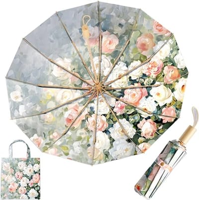 Paraplu - Paraplu opvouwbaar- Bloemen Paraplu met UV-Bescherming - Opvouwbare 12-Ribs Windbestendige Paraplu – Waterdicht Zon - en Regenparaplu met Grote Draagtas – Rozenprint