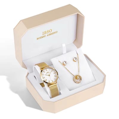 Boerni Aibisino – Elegance Luxe Goudkleurige Geschenkset voor Dames (Horloge + Ketting + Oorbellen) – Limited Edition