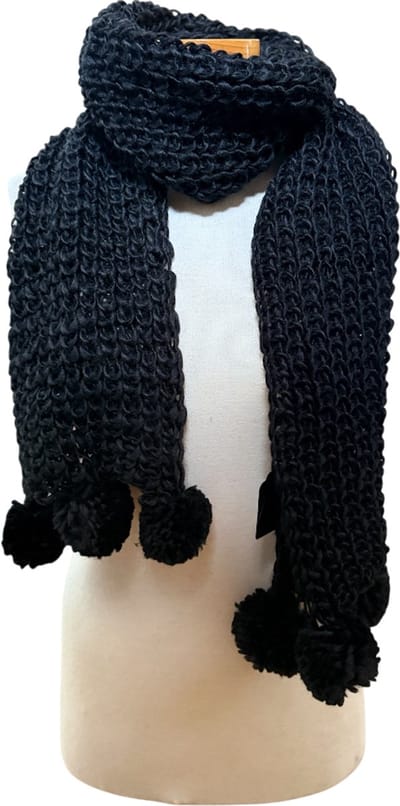 sjaal - dames - gebreid - zwart - met ponpon - 150cm lang en 20cm breed