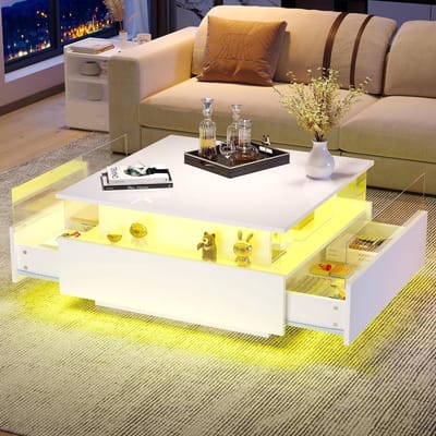 Led Salontafel - Koffietafel Laden - Woonkamer Opbergen - Hoogglans Presentatie - 70x70x41 Cm - Wit