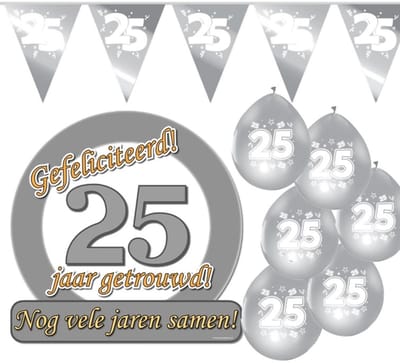 25 jaar getrouwd XS 3 delig - Jubileum pakket feestversiering - zilveren bruiloft.