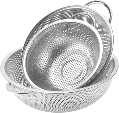 Famanu – Set van 3 roestvrijstalen vergieten met handvat, micro-geperforeerd ontwerp voor rijst, pasta en groenten, vaatwasmachinebestendig