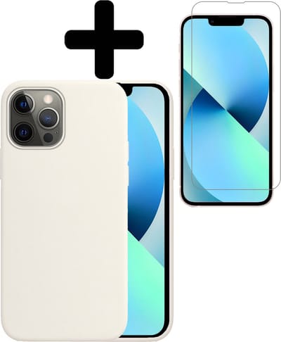 Hoesje - Met Screenprotector - Geschikt voor Apple iPhone 14 Pro - Sterk & Shockproof - Telefoon Hoes - Back Cover - Siliconen Case - Telefoonhoes - Wit