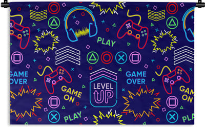 Wandkleed - Wanddoek - Gaming - Neon - Koptelefoon - Design - 90x60 cm - Wandtapijt